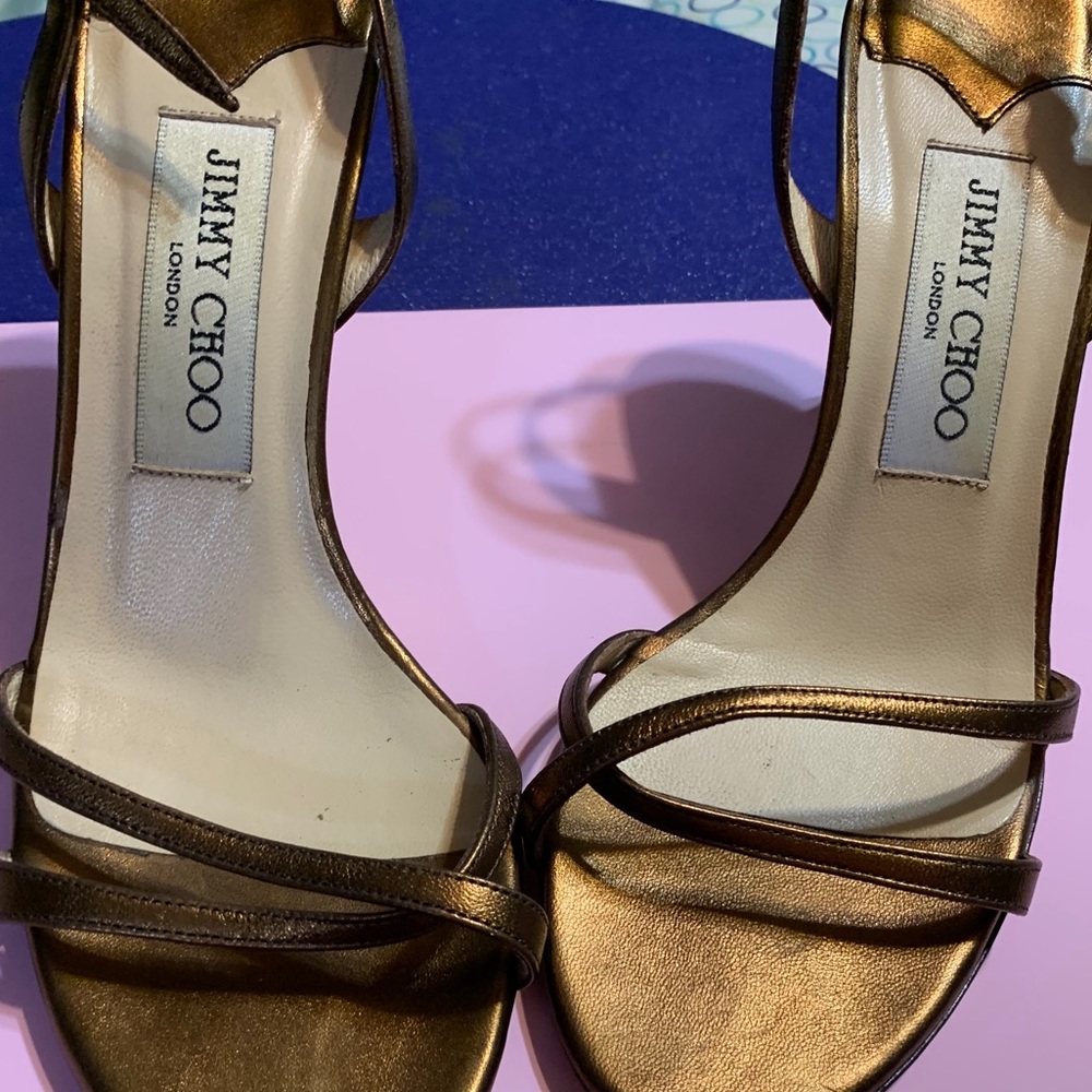 Jimmy Choo Metallic Bronze ‘Juliet’ Strap Heels